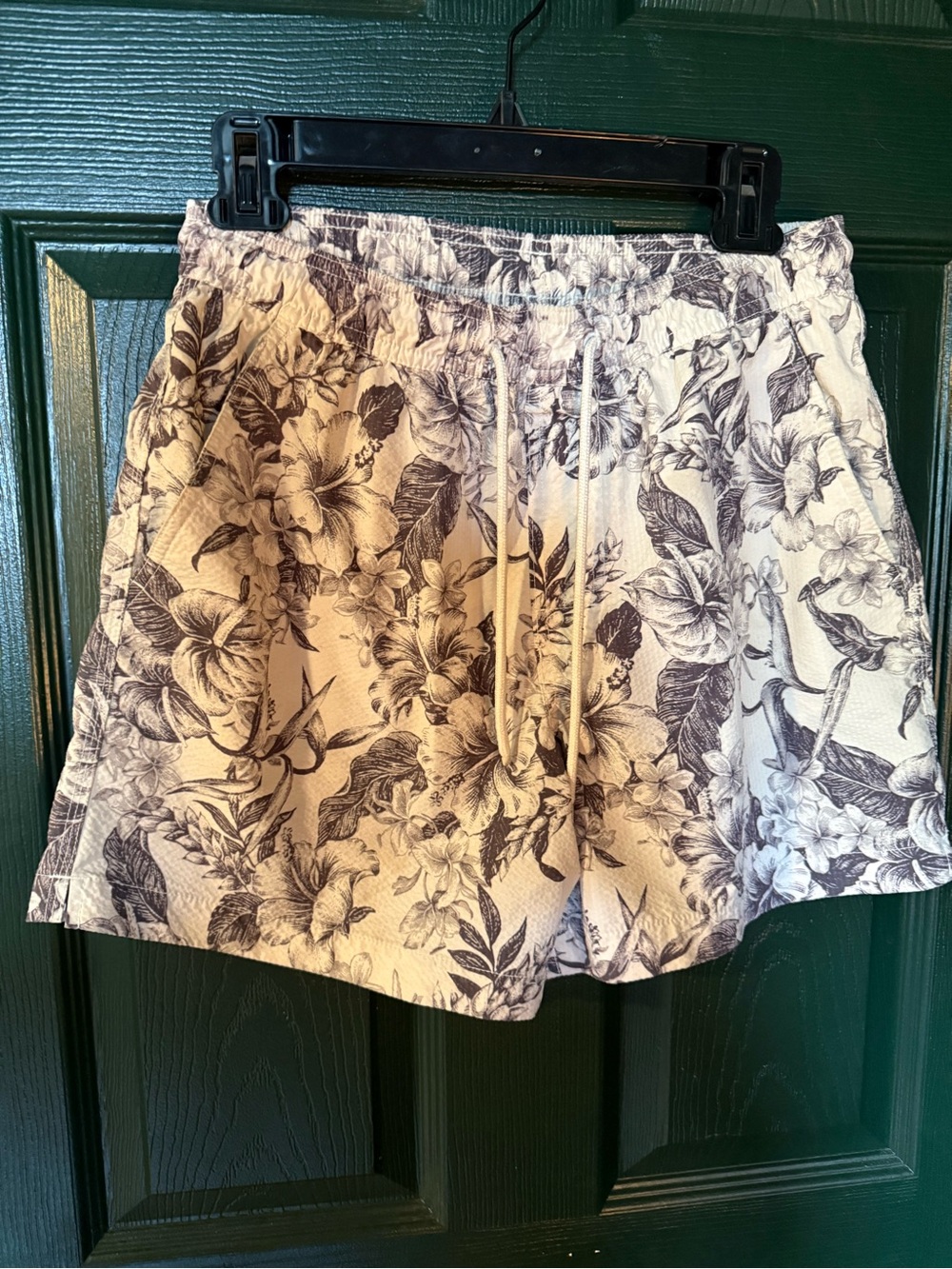 American Eagle Outfitters White and Black Floral Swim Trunks